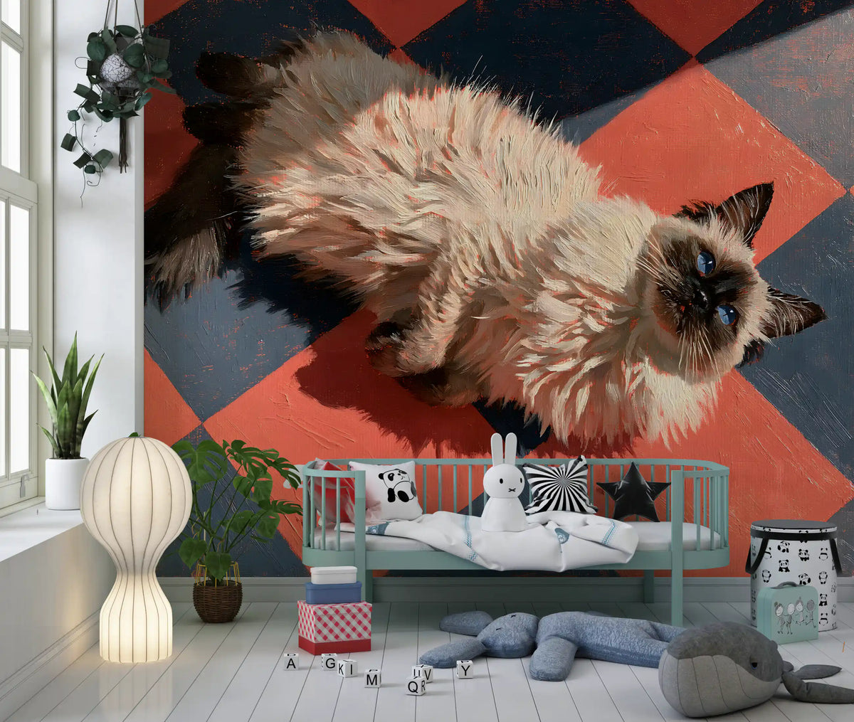 Sunlit Ragdoll on Checkered Tile Wall Mural