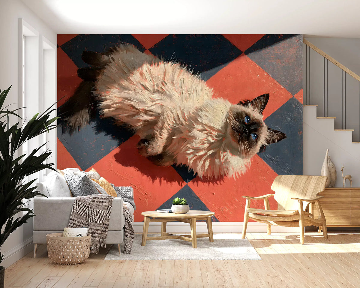 Sunlit Ragdoll on Checkered Tile Wall Mural