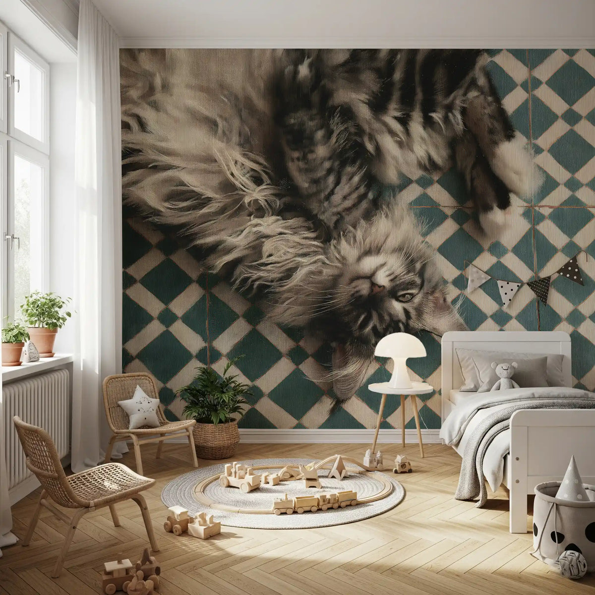 Resting Maine Coon cat on teal and cream geometric tile artistic wallpaper mural, GD13125