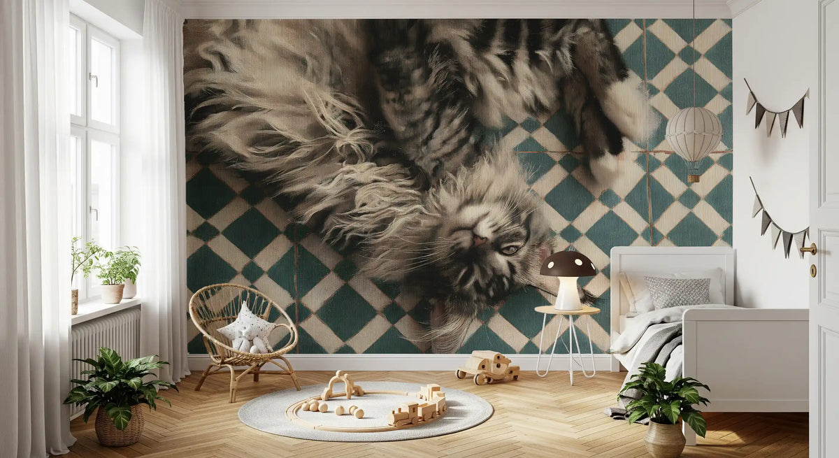 Resting Maine Coon on Geometric Tile Wall Mural