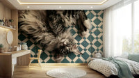 Resting Maine Coon on Geometric Tile Wall Mural
