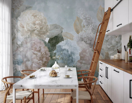 Vintage hydrangea and peony floral wall mural in powder blue, cream and dusty rose, GD13126