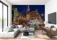 Gothic Architecture and Modern Nightlife Wall Mural