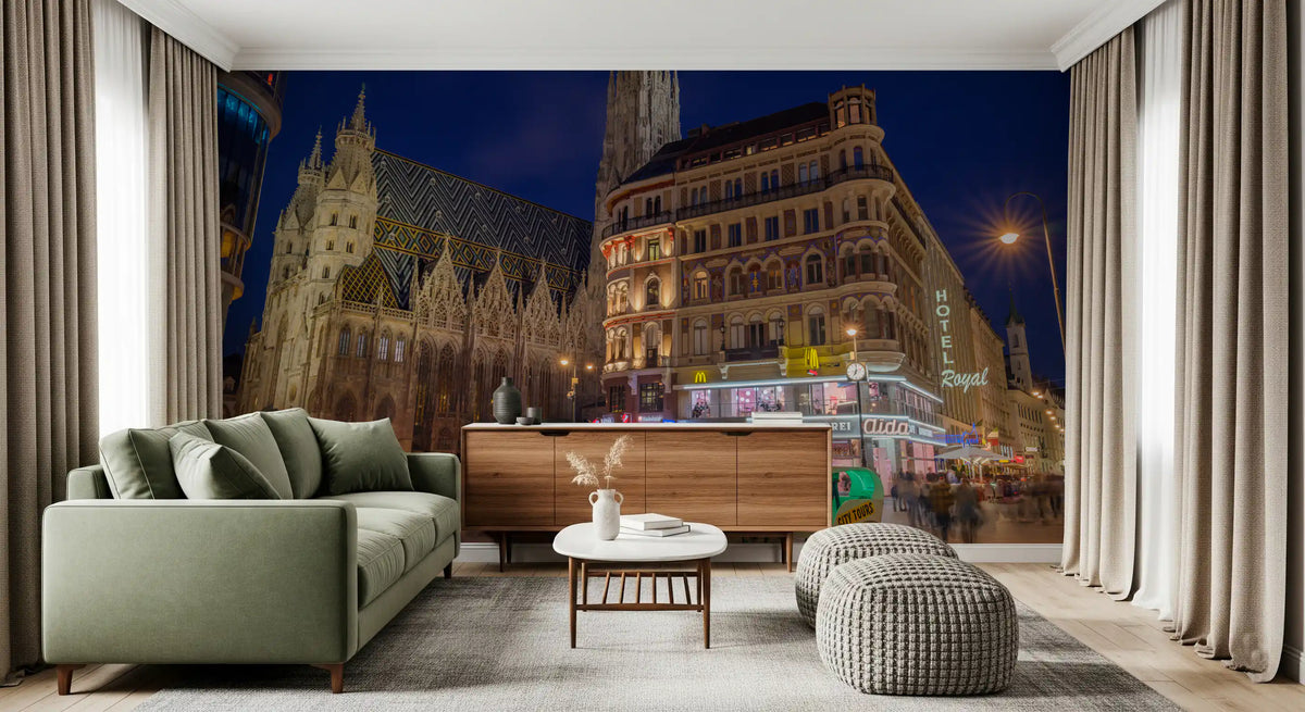 Gothic Architecture and Modern Nightlife Wall Mural