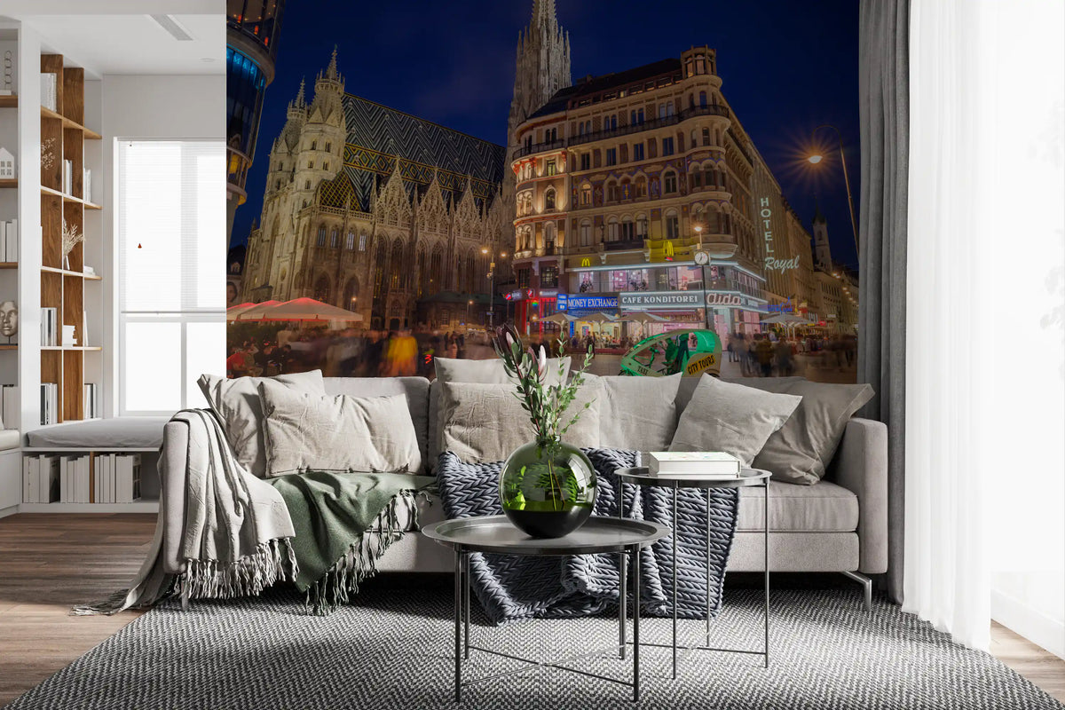 Gothic Architecture and Modern Nightlife Wall Mural