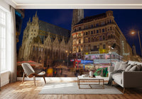 Gothic Architecture and Modern Nightlife Wall Mural