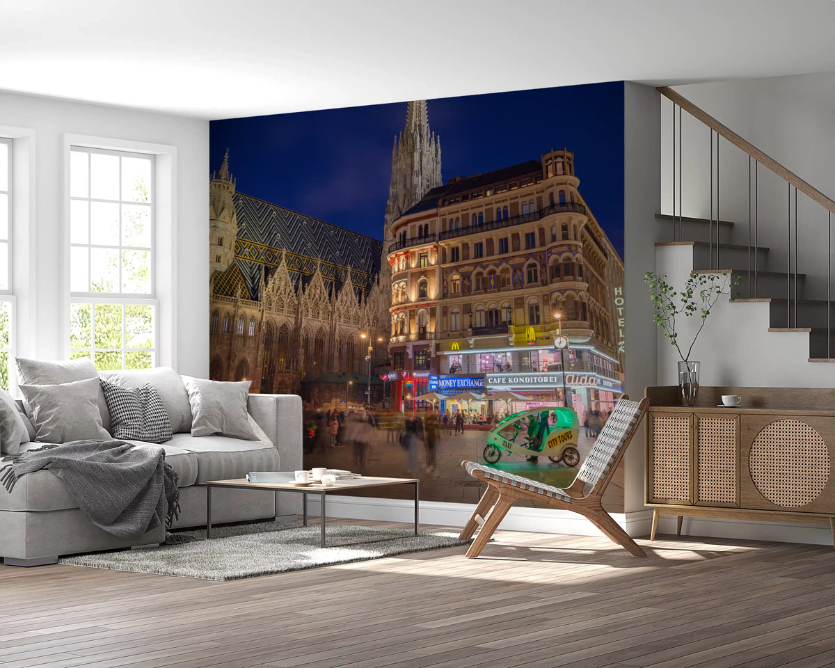 Gothic Architecture and Modern Nightlife Wall Mural