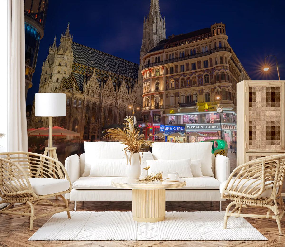 Gothic Architecture and Modern Nightlife Wall Mural