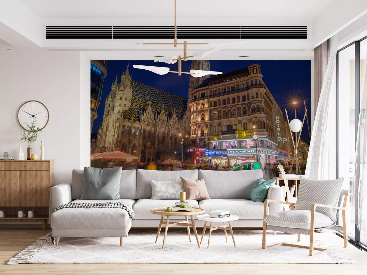 Gothic Architecture and Modern Nightlife Wall Mural