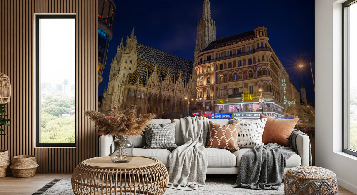 Gothic Architecture and Modern Nightlife Wall Mural