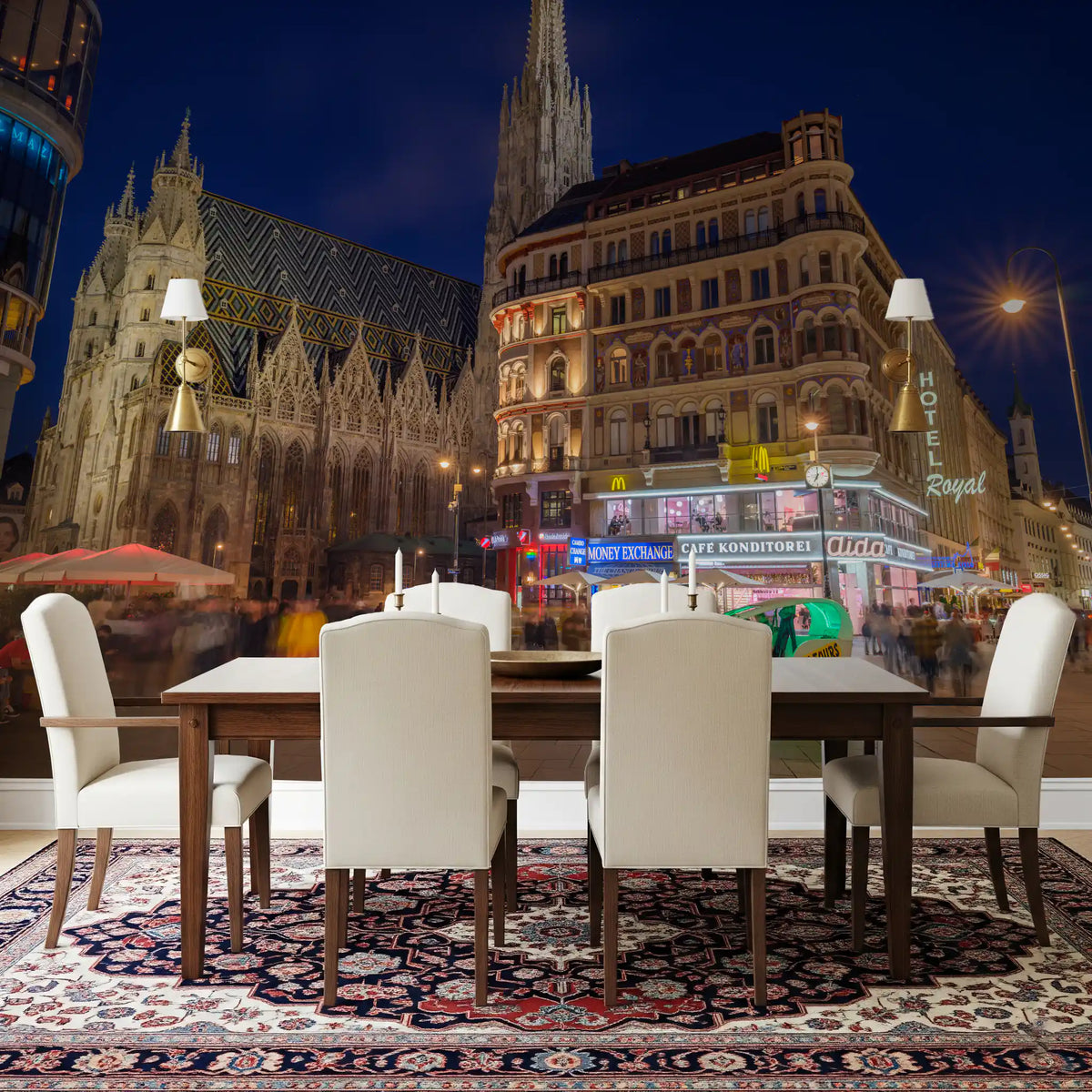 Gothic Architecture and Modern Nightlife Wall Mural