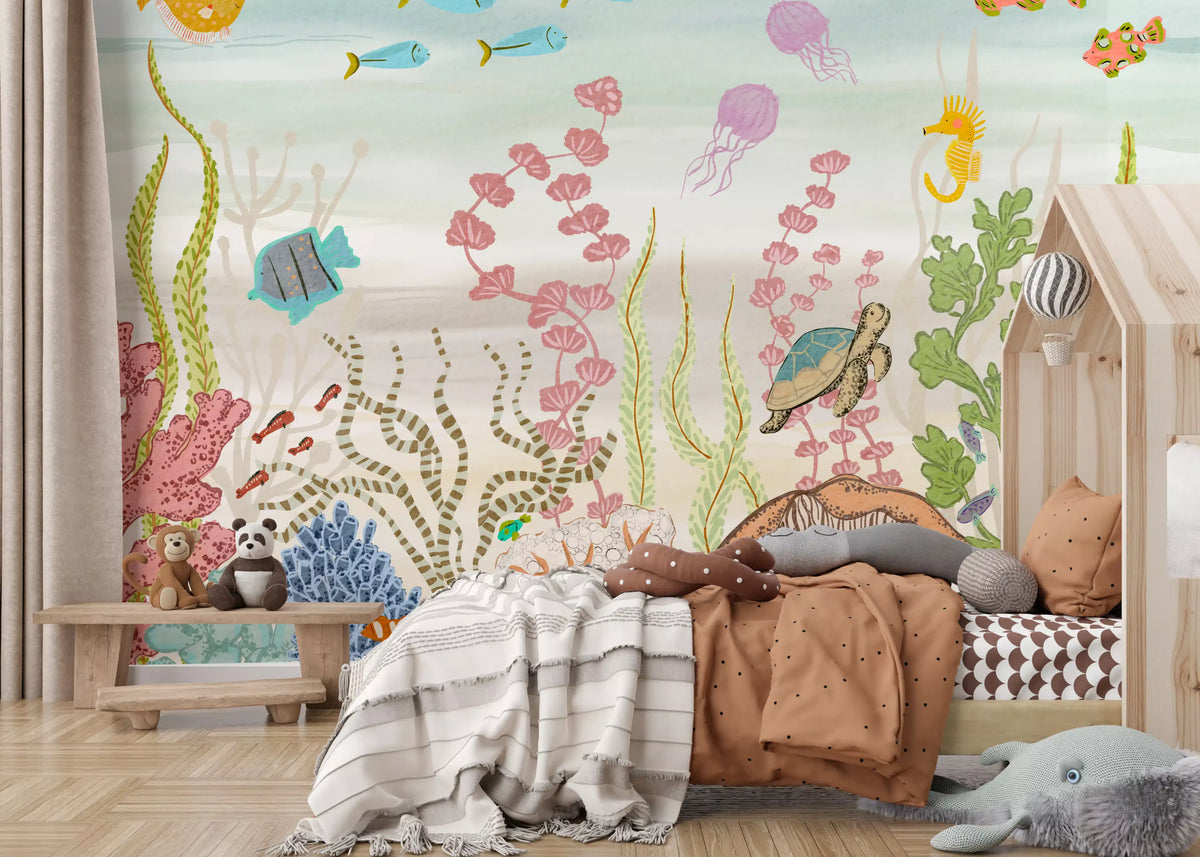 Whimsical Underwater Coral Reef Scene Wall Mural