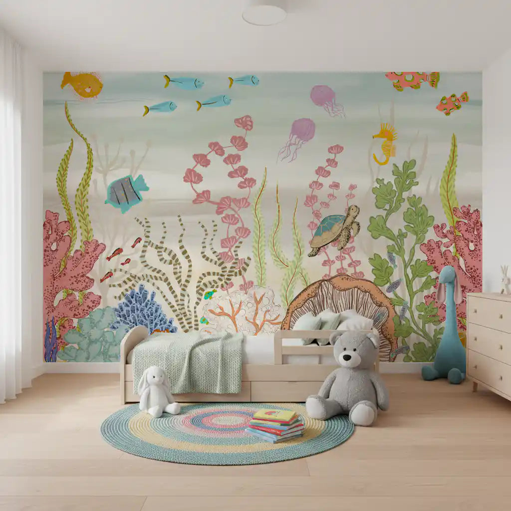 Whimsical Underwater Coral Reef Scene Wall Mural