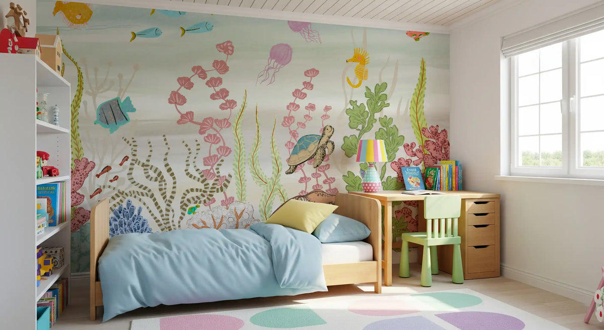 Whimsical Underwater Coral Reef Scene Wall Mural