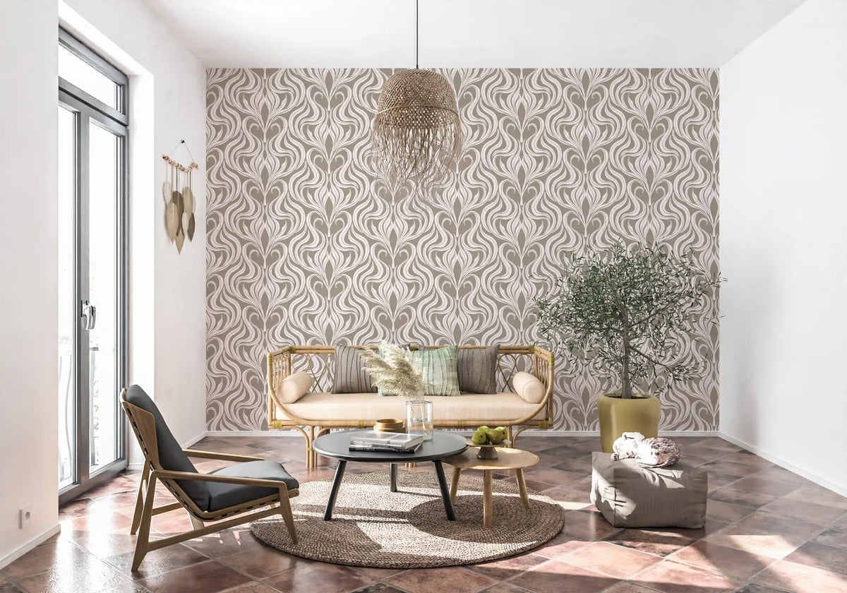 Cream and Beige Botanical Damask Wallpaper⁠
