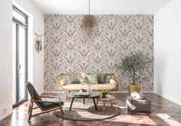 Cream and Beige Botanical Damask Wallpaper⁠