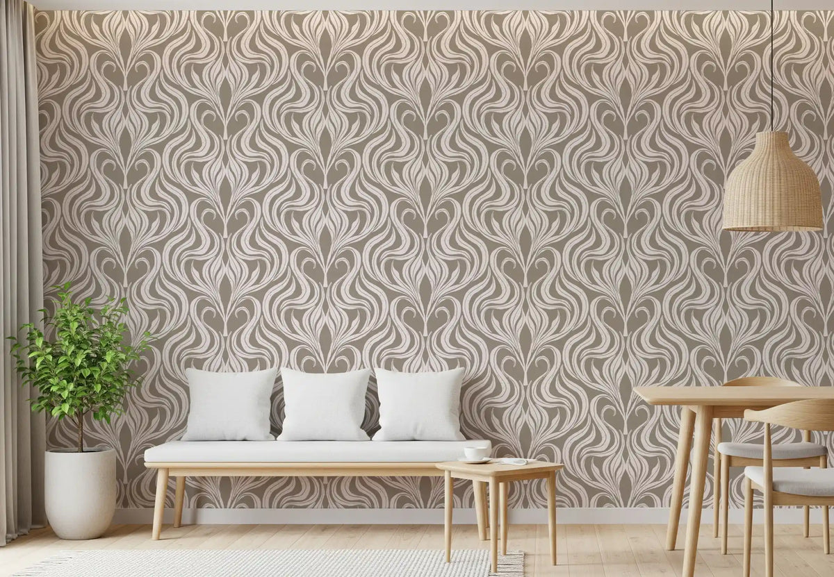 Cream and Beige Botanical Damask Wallpaper⁠