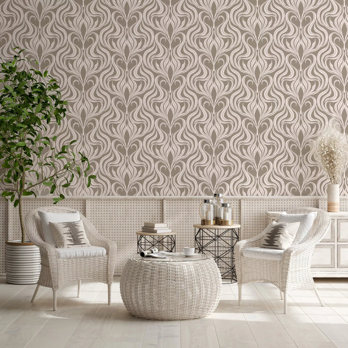 Cream and Beige Botanical Damask Wallpaper⁠