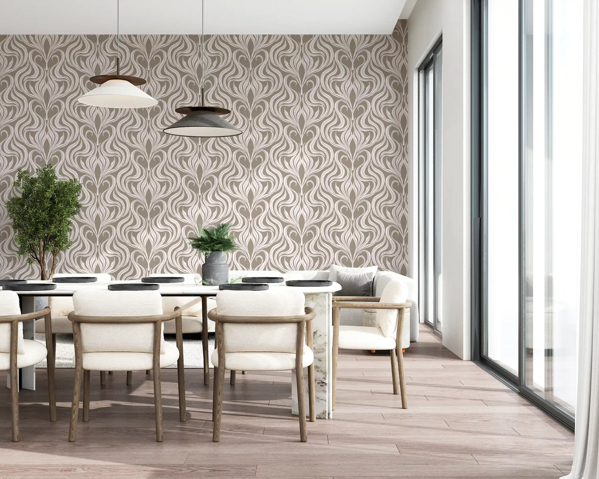 Cream and Beige Botanical Damask Wallpaper⁠