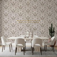 Cream and Beige Botanical Damask Wallpaper⁠