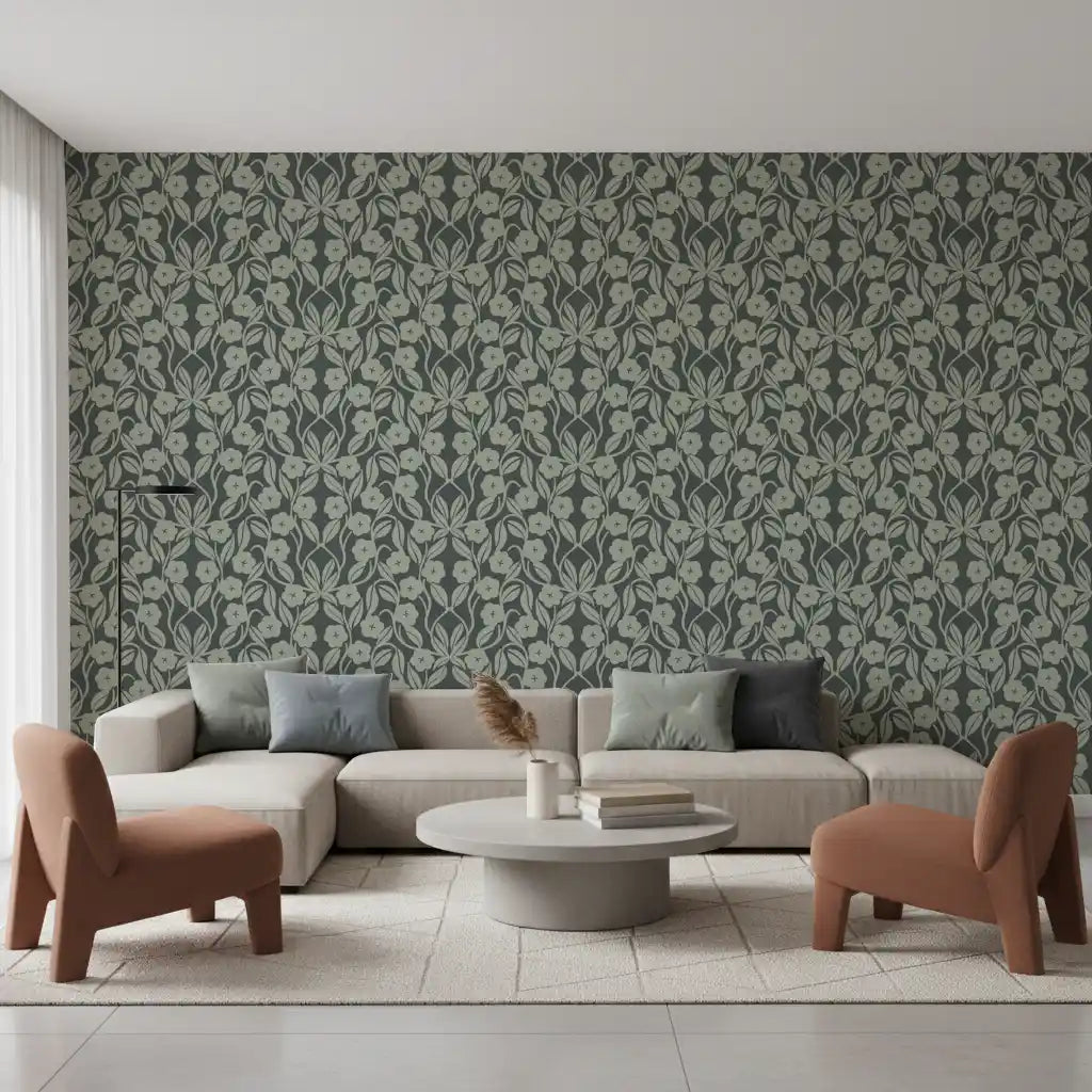 Sage Botanical Scroll Damask Wallpaper⁠