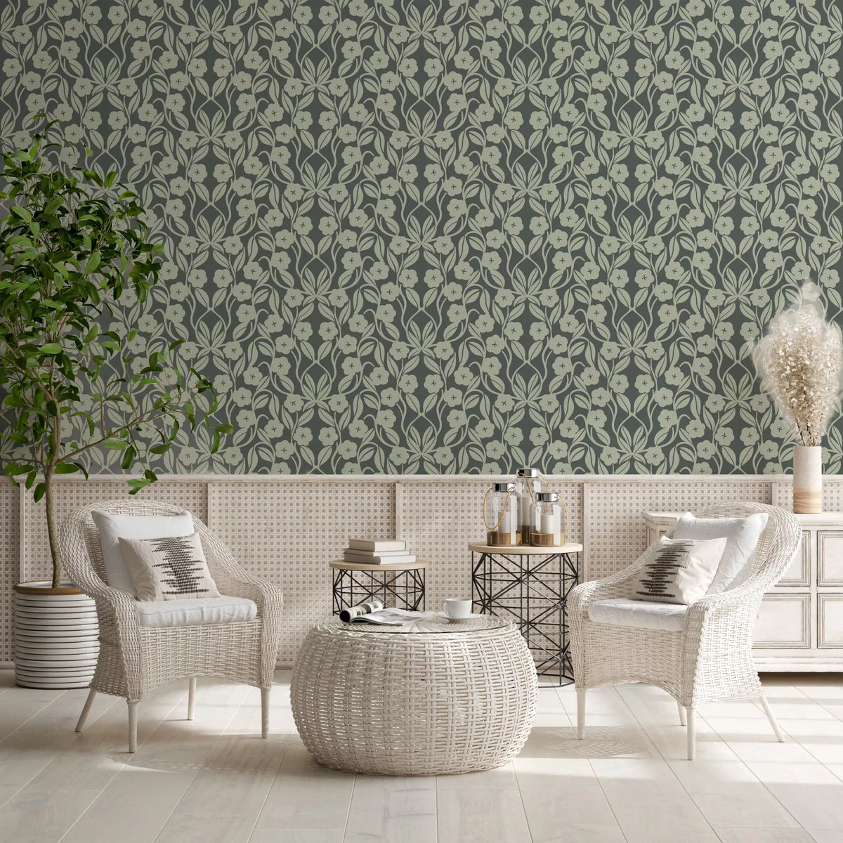 Sage Botanical Scroll Damask Wallpaper⁠