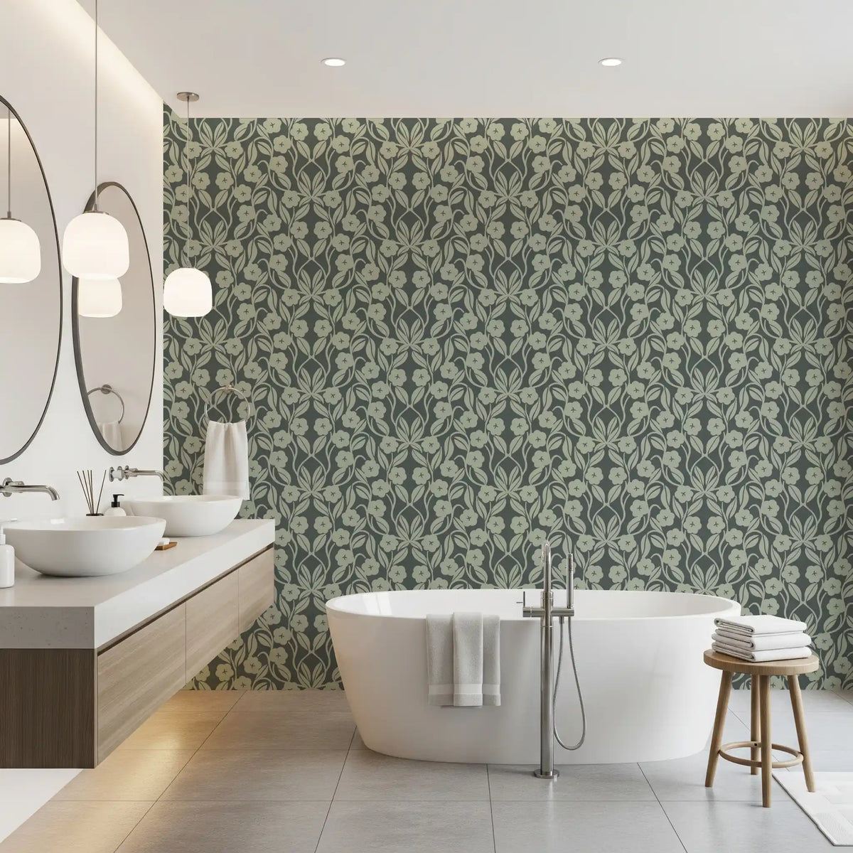 Sage Botanical Scroll Damask Wallpaper⁠