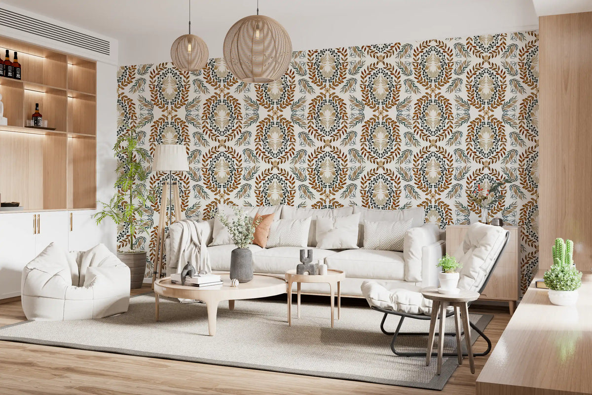 Watercolor Botanical Wreath Motif Wallpaper⁠