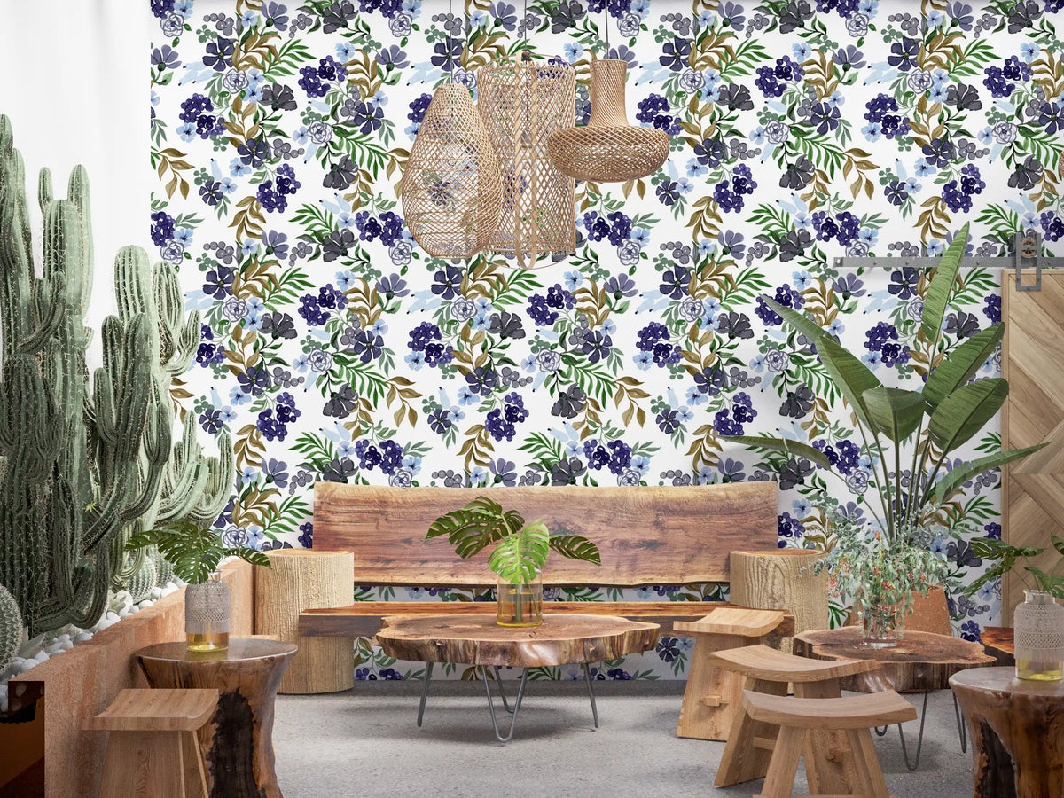 Watercolor Berry and Leaf Motif Wallpaper⁠