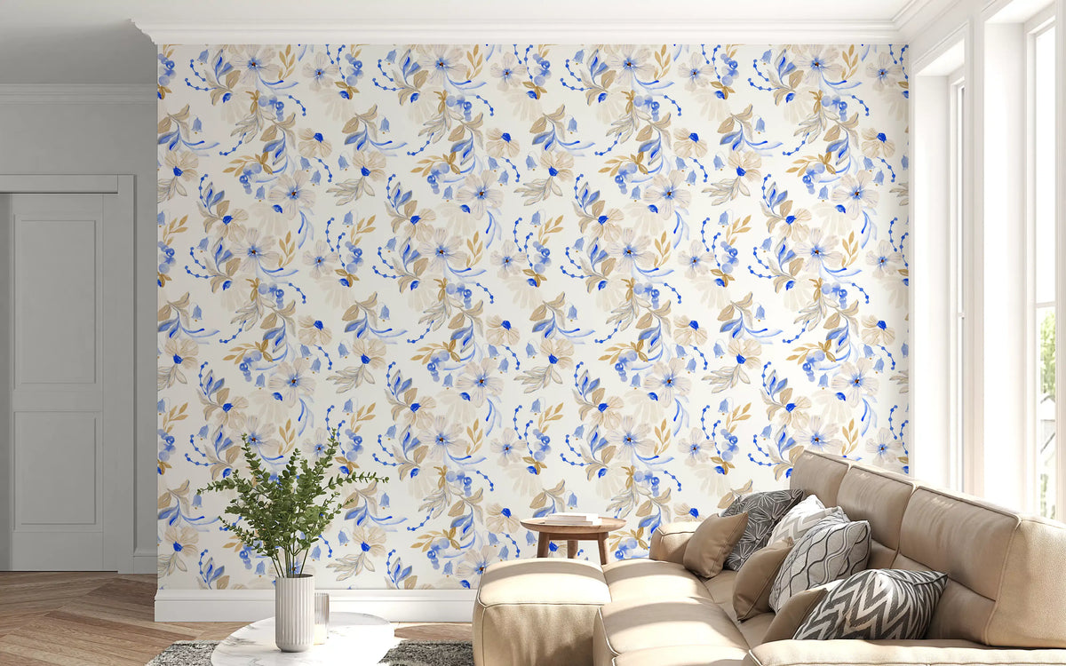 Watercolor Blue and Beige Floral Botanical Wallpaper⁠
