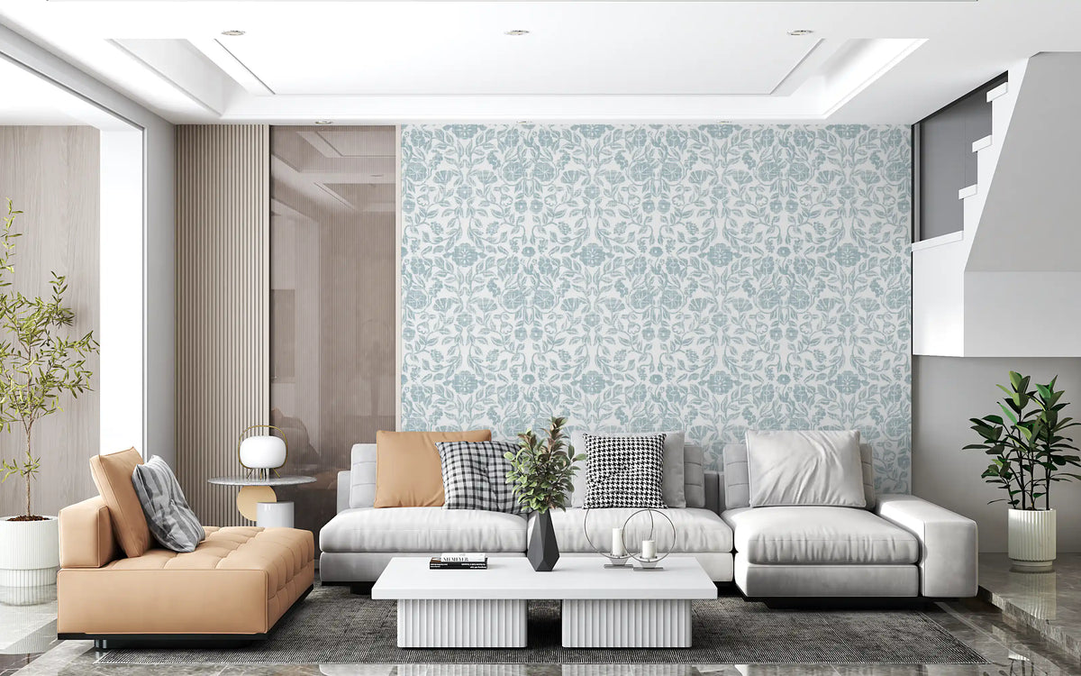 Soft Blue Botanical Damask Wallpaper⁠