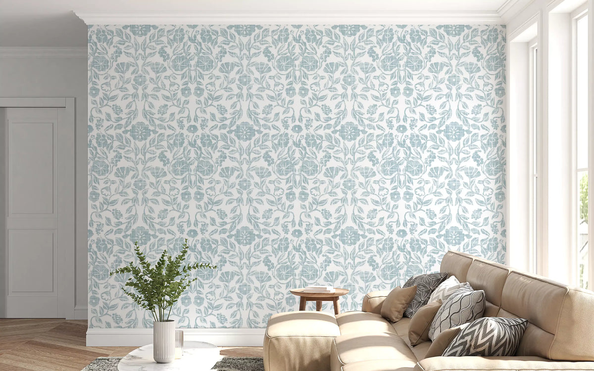 Soft Blue Botanical Damask Wallpaper⁠