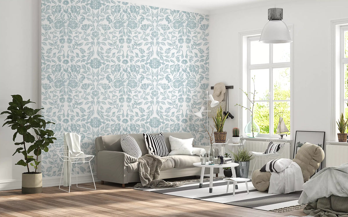 Soft Blue Botanical Damask Wallpaper⁠