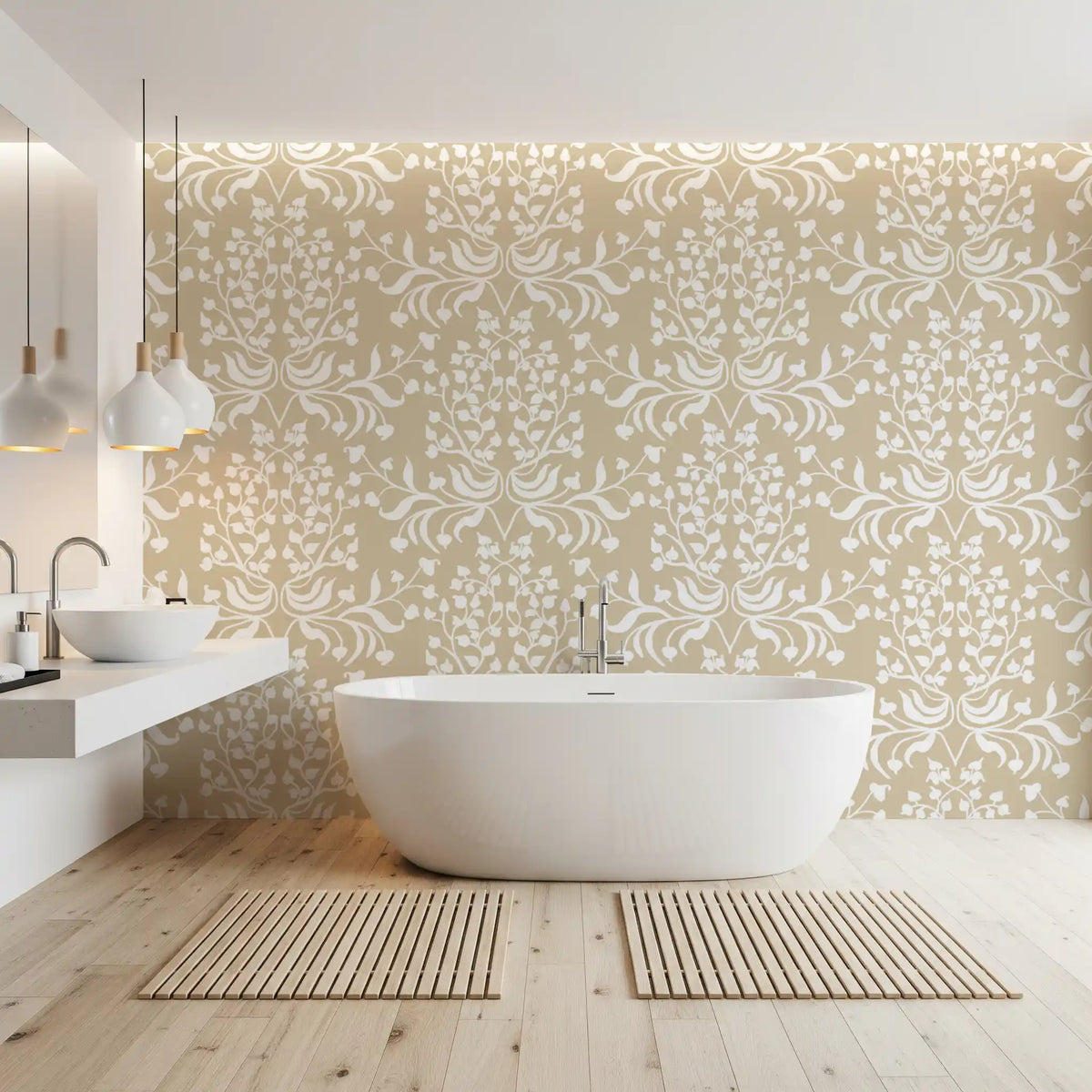 Cream and White Damask Silhouette Wallpaper⁠