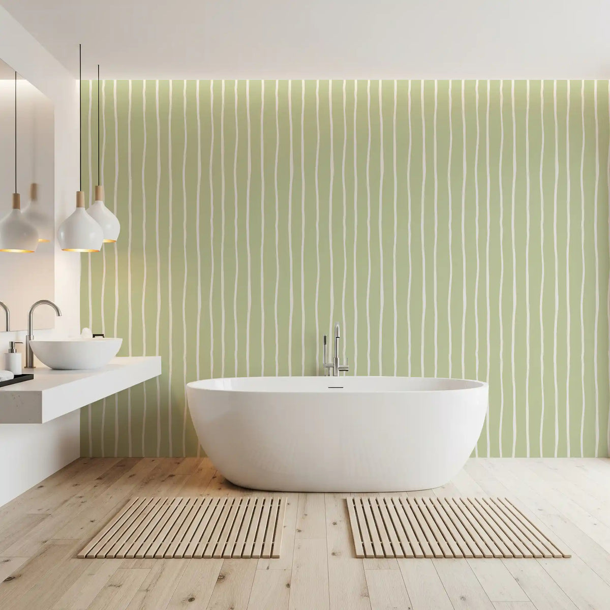 Soft Sage Hand-Drawn Vertical Stripes Wallpaper⁠