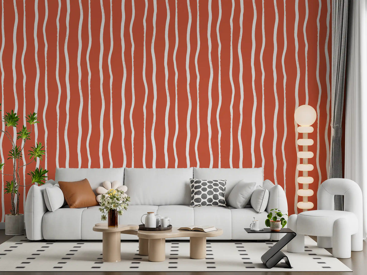 Minimalist Terracotta and White Linear Pattern Wallpaper⁠