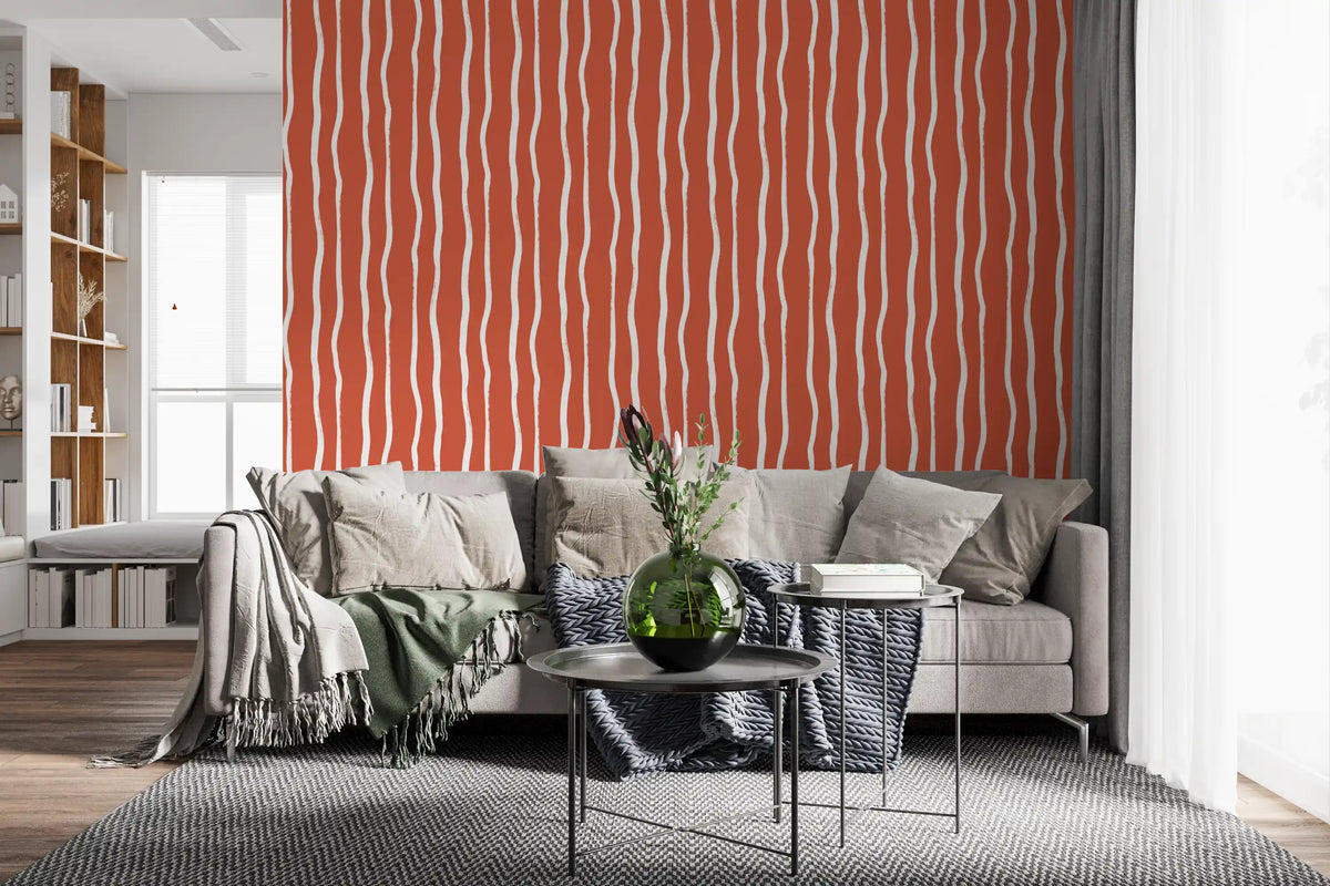 Minimalist Terracotta and White Linear Pattern Wallpaper⁠