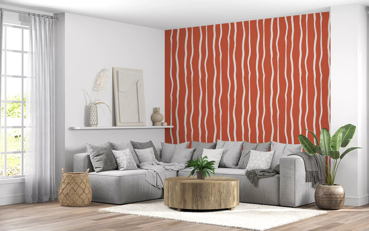 Minimalist Terracotta and White Linear Pattern Wallpaper⁠