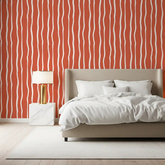 Minimalist Terracotta and White Linear Pattern Wallpaper⁠