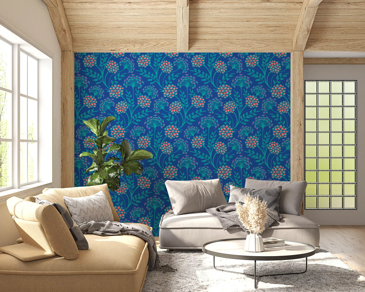 Danube Retro Vintage Floral Zinnia Cow Parsley in Turquoise Royal Blue Wallpaper⁠