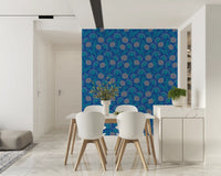 Danube Retro Vintage Floral Zinnia Cow Parsley in Turquoise Royal Blue Wallpaper⁠