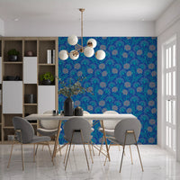 Danube Retro Vintage Floral Zinnia Cow Parsley in Turquoise Royal Blue Wallpaper⁠