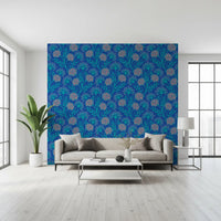 Danube Retro Vintage Floral Zinnia Cow Parsley in Turquoise Royal Blue Wallpaper⁠