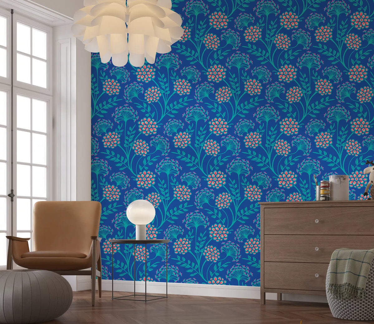 Danube Retro Vintage Floral Zinnia Cow Parsley in Turquoise Royal Blue Wallpaper⁠