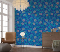 Danube Retro Vintage Floral Zinnia Cow Parsley in Turquoise Royal Blue Wallpaper⁠