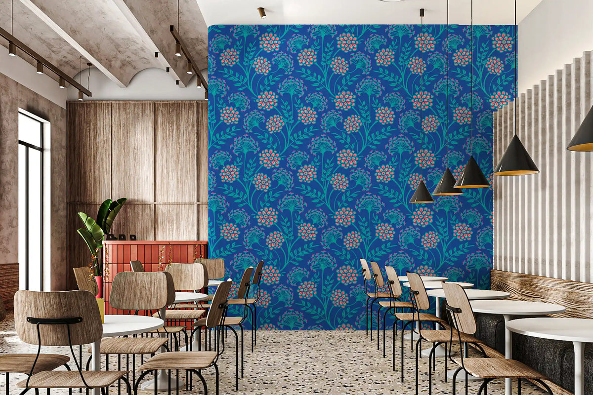 Danube Retro Vintage Floral Zinnia Cow Parsley in Turquoise Royal Blue Wallpaper⁠