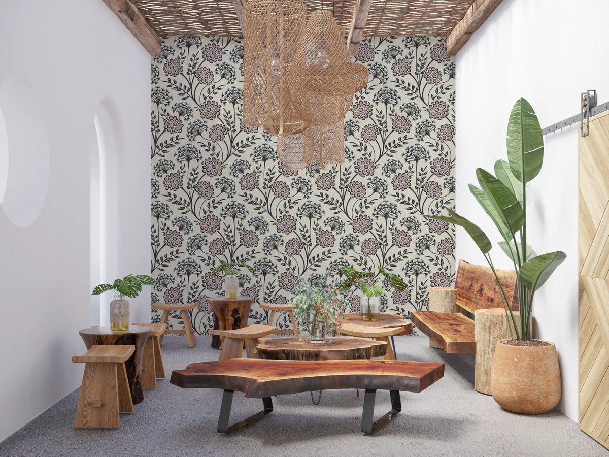Danube Retro Vintage Floral Zinnia Cow Parsley in Charcoal Ecru Wallpaper⁠