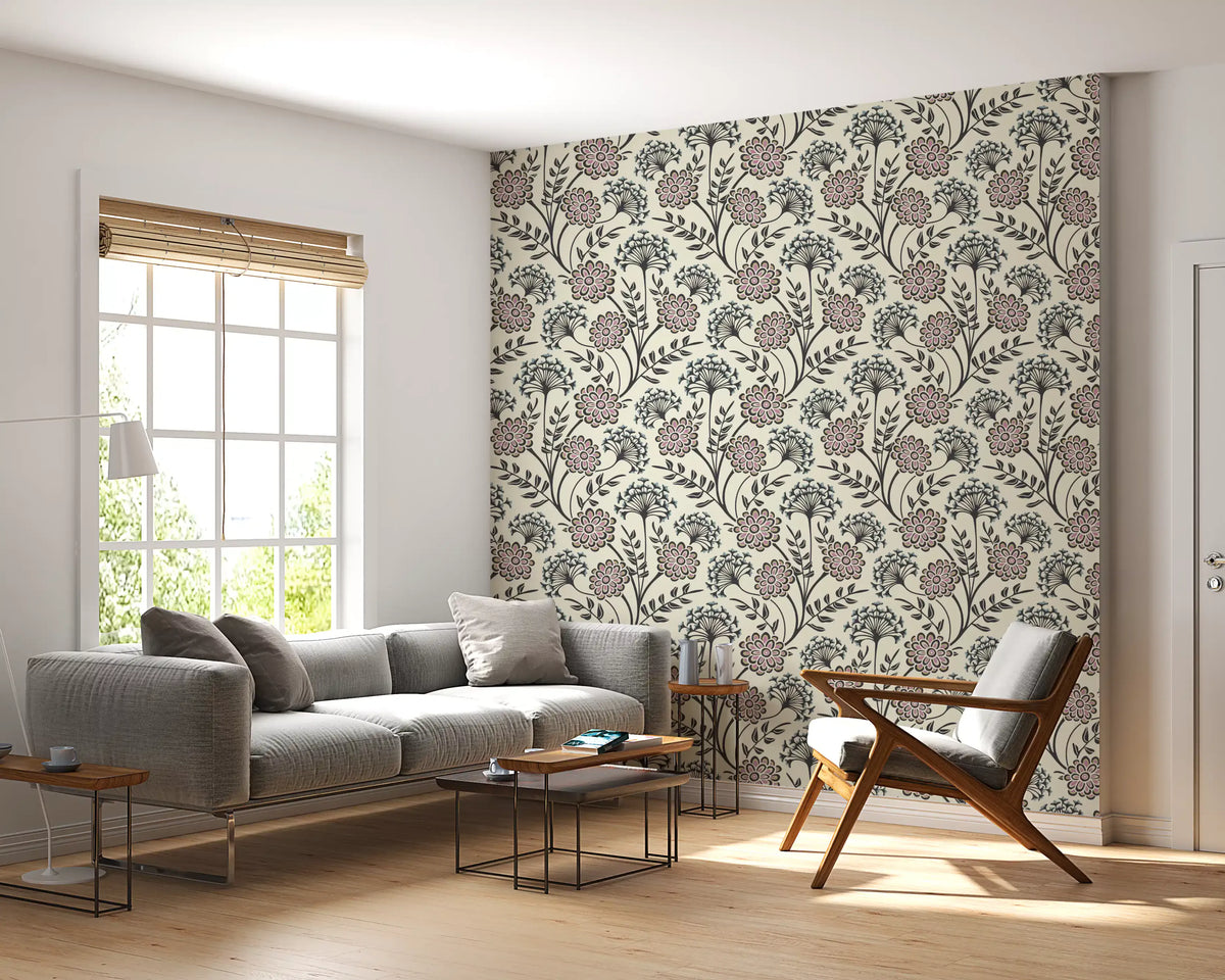 Danube Retro Vintage Floral Zinnia Cow Parsley in Charcoal Ecru Wallpaper⁠