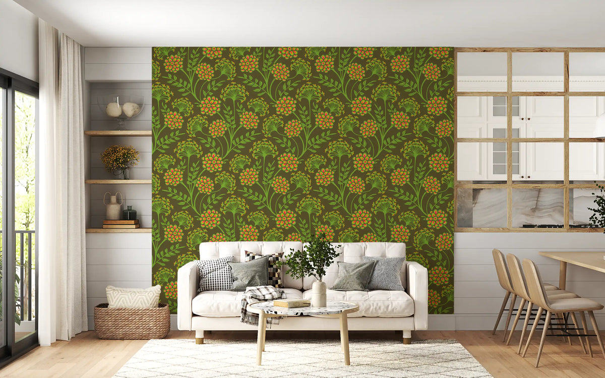 Danube Retro Vintage Floral Zinnia Cow Parsley in Yellow Moss Green Wallpaper⁠