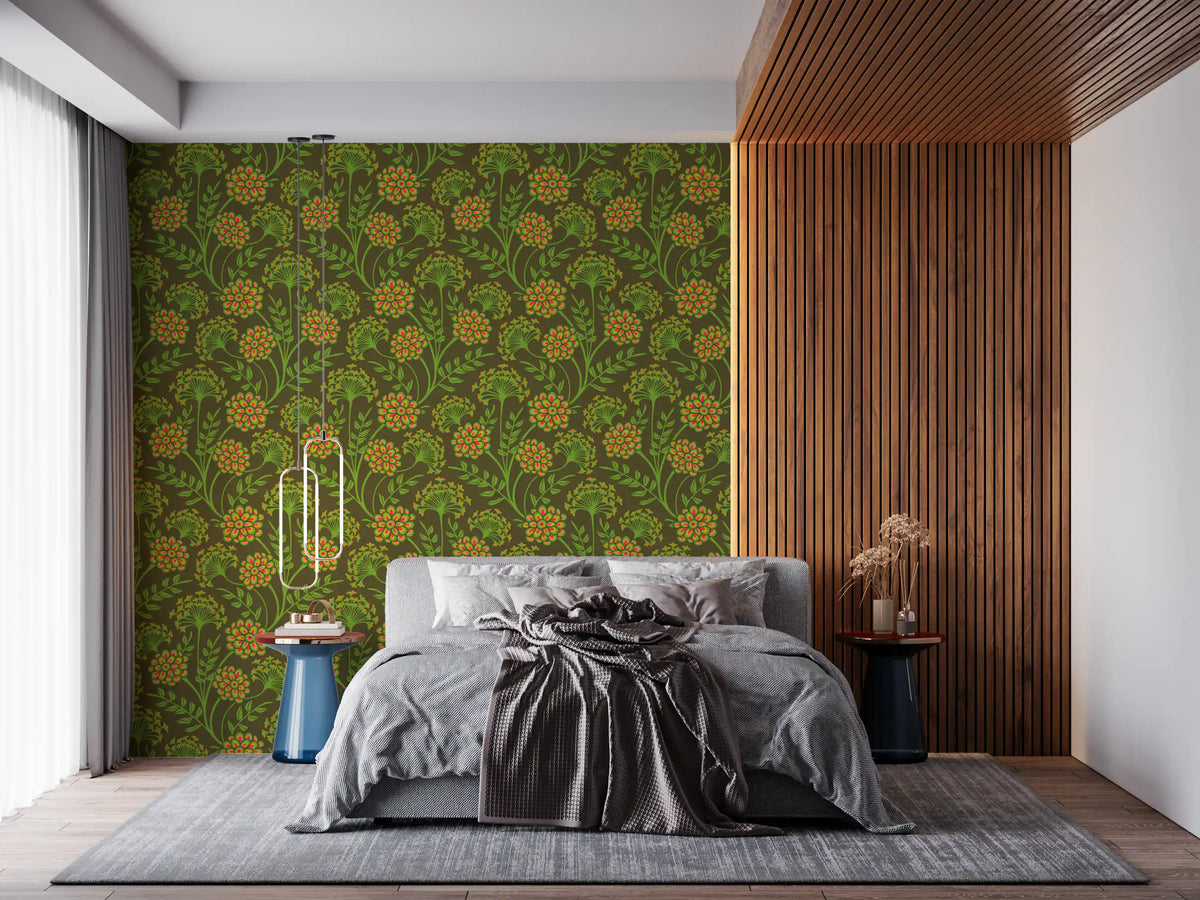 Danube Retro Vintage Floral Zinnia Cow Parsley in Yellow Moss Green Wallpaper⁠